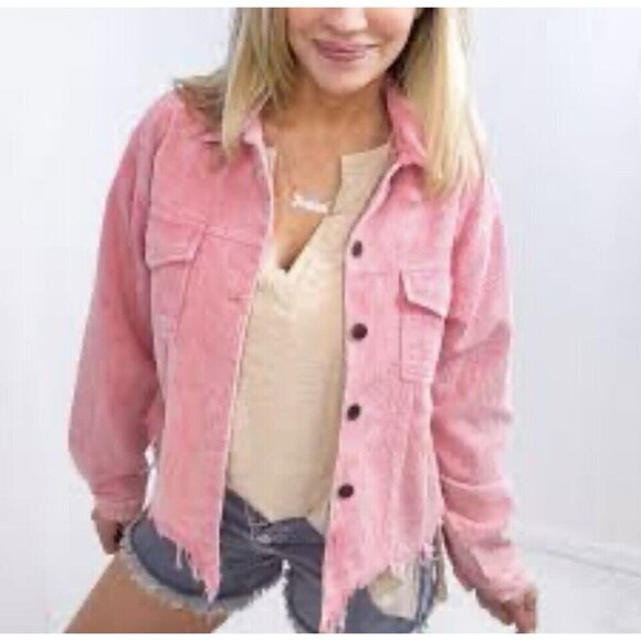 Pol Barbie Pink Wide Wale Corduroy Jacket Distressed Frayed Hem Size M Button Up - Picture 3 of 15